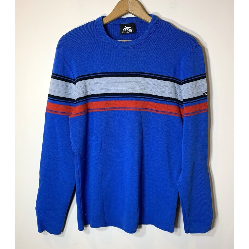Lido‎ Sports Vintage Ski Sweater Mens Large 100% Wool Blue Stripe Made in USA